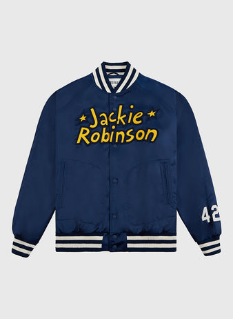 The Ebbets Field Jackie Robinson Comic Book Hero Cotton Lined Satin Varsity Jacket is navy blue with white striped cuffs and collar, yellow 