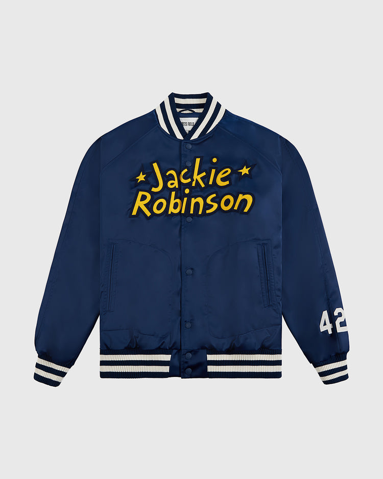 The Ebbets Field Jackie Robinson Comic Book Hero Cotton Lined Satin Varsity Jacket is navy blue with white striped cuffs and collar, yellow 