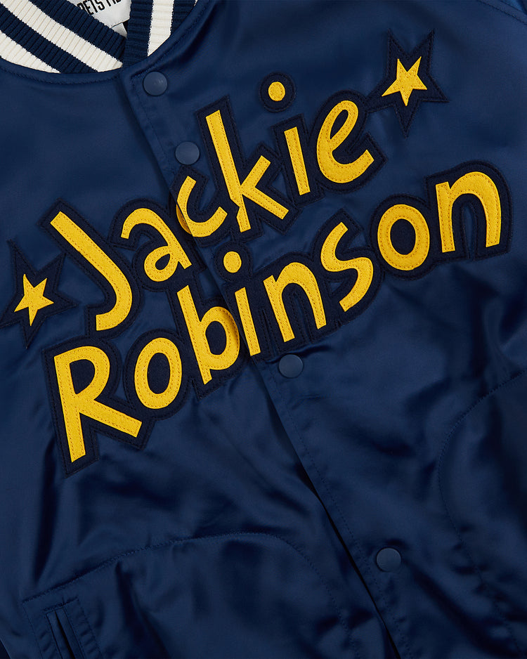 Close-up of the Ebbets Field Jackie Robinson Comic Book Hero Cotton Lined Satin Varsity Jacket in blue, featuring bold yellow 