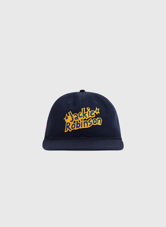 The Jackie Robinson Comic Book Hero Cotton Twill Ballcap by Ebbets Field features navy blue cotton twill, yellow 