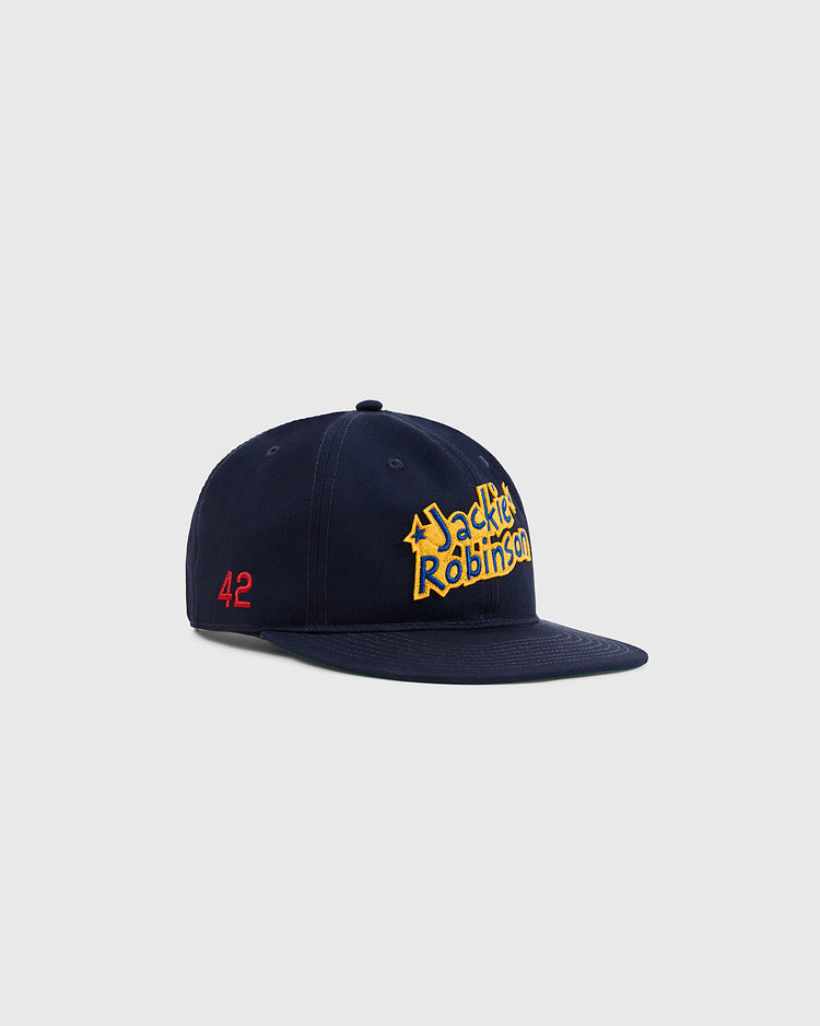 The Ebbets Field Jackie Robinson Comic Book Hero Cotton Twill Ballcap features his name in yellow embroidery on the front, the number 42 in red on the side, and appears against a plain light gray background.