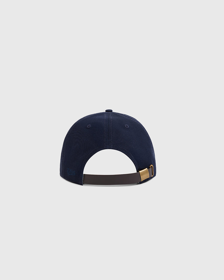 The Ebbets Field Jackie Robinson Comic Book Hero Cotton Twill Ballcap is shown from the back, displaying a brown adjustable strap with a brass buckle against a plain light gray background.