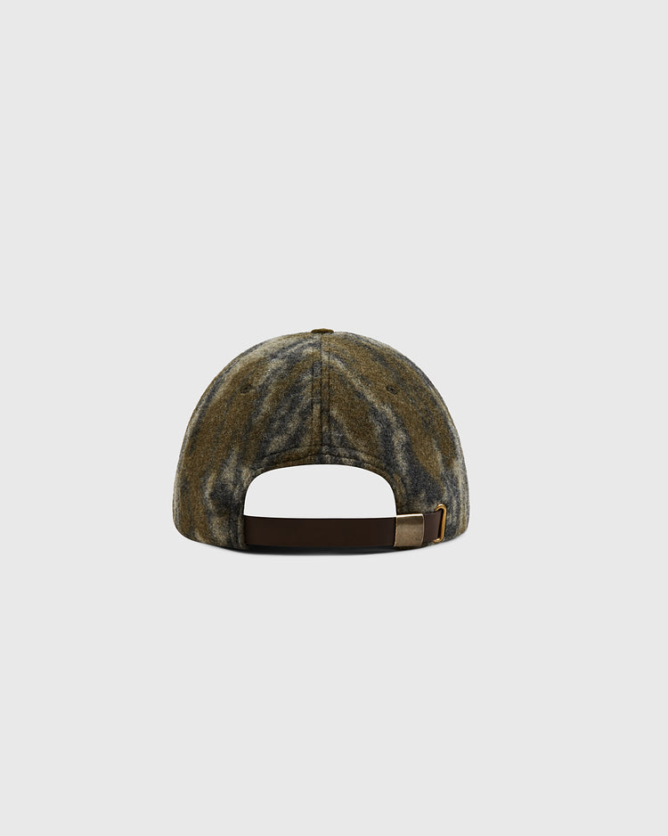 The Mossy Oak x Ebbets Field 1945 Kansas City Monarchs Ballcap by Ebbets Field, shown from the back, features a camouflage pattern with an adjustable brown strap and metal buckle against a plain light gray background.