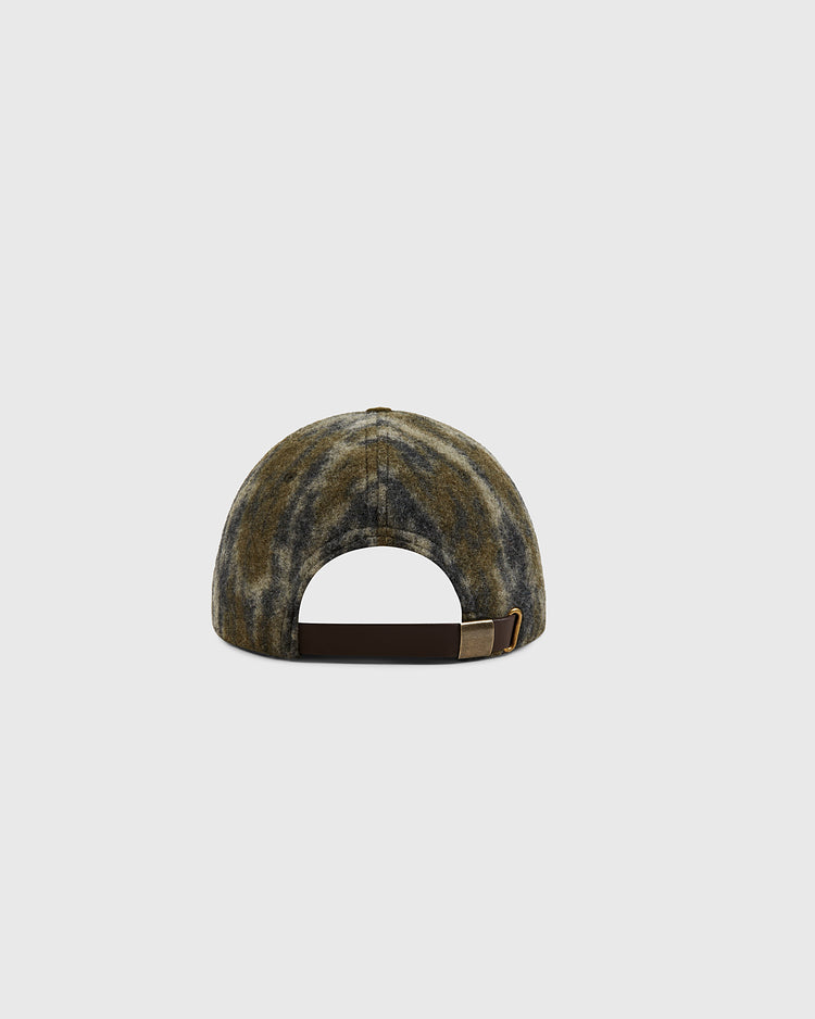 A back view of the Mossy Oak x Ebbets Field 1949 Los Angeles Angels (PCL) Ballcap, showcasing a tie-dye design, adjustable dark brown strap, and metal buckle, set against a plain light gray background.