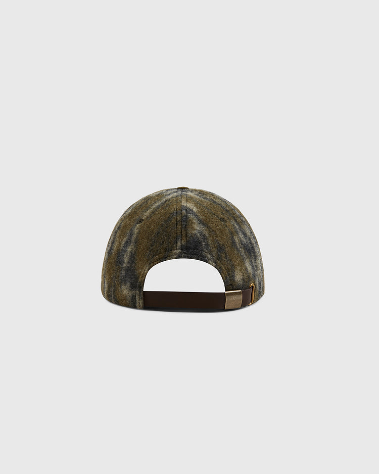 A back view of the Mossy Oak x Ebbets Field 1961 Kansas City Katz Ballcap by Ebbets Field, featuring a Mossy Oak Bottomland camo pattern, adjustable brown strap, and metal buckle on a light gray background.