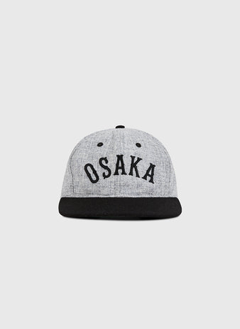 The Ebbets Field Osaka City Series Wool Ballcap features a grey crown, black brim, and bold black 
