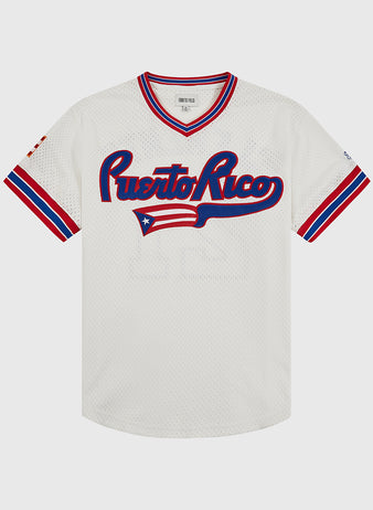The Ebbets Field Puerto Rico 1972 National Team Mesh V-Neck Jersey features white mesh, red, blue, and white striped trim, “Puerto Rico” script on the front, and the Puerto Rican flag—an authentic tribute to the original national team jersey.