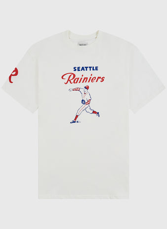 The Seattle Rainiers Short Sleeve Graphic Tee by Ebbets Field features an illustrated baseball pitcher, 