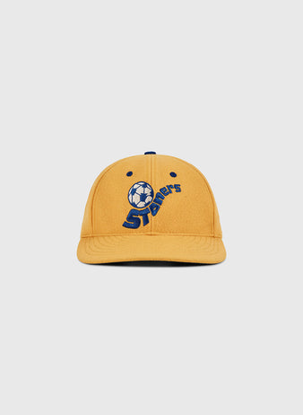 The Ebbets Field Pennsylvania Stoners Wool Ballcap features yellow wool, a blue embroidered soccer ball, and 