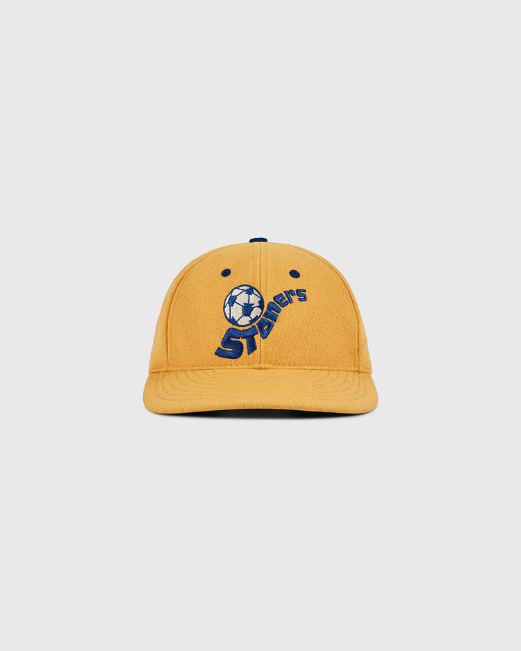 The Ebbets Field Pennsylvania Stoners Wool Ballcap features yellow wool, a blue embroidered soccer ball, and 