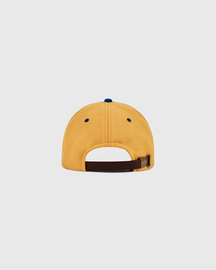 The Ebbets Field Pennsylvania Stoners Wool Ballcap in yellow is shown from the back, featuring a dark adjustable strap and a small blue top button, set against a plain light background.