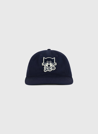 The Ebbets Field Chicago Cats Cotton Twill Ballcap in navy features a white embroidered cartoon robot with a wrench and wheel on the front, shown on a plain light gray background.