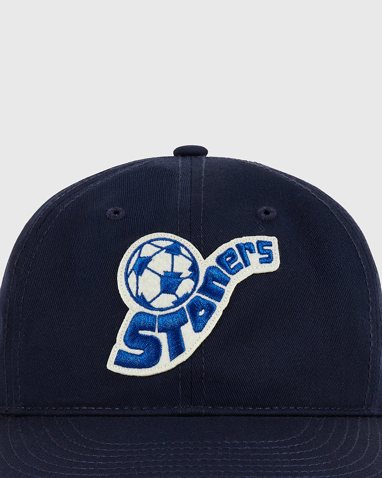 The Pennsylvania Stoners Cotton Twill Ballcap by Ebbets Field is navy blue and features a front patch with a soccer ball and 