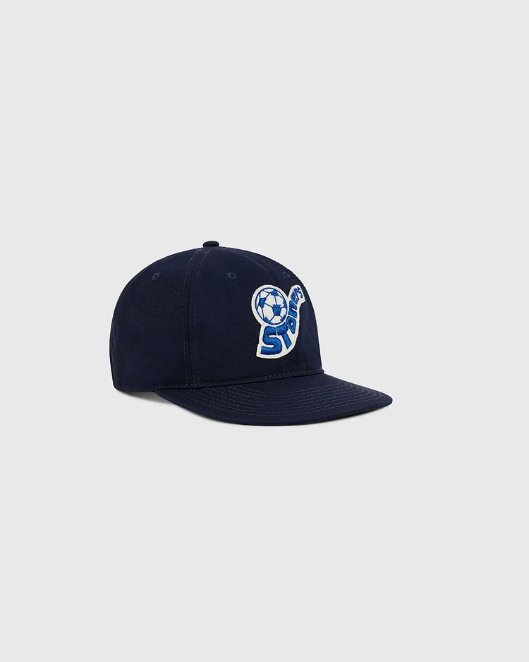 The Ebbets Field Pennsylvania Stoners Cotton Twill Ballcap is navy blue with a soccer ball graphic and 