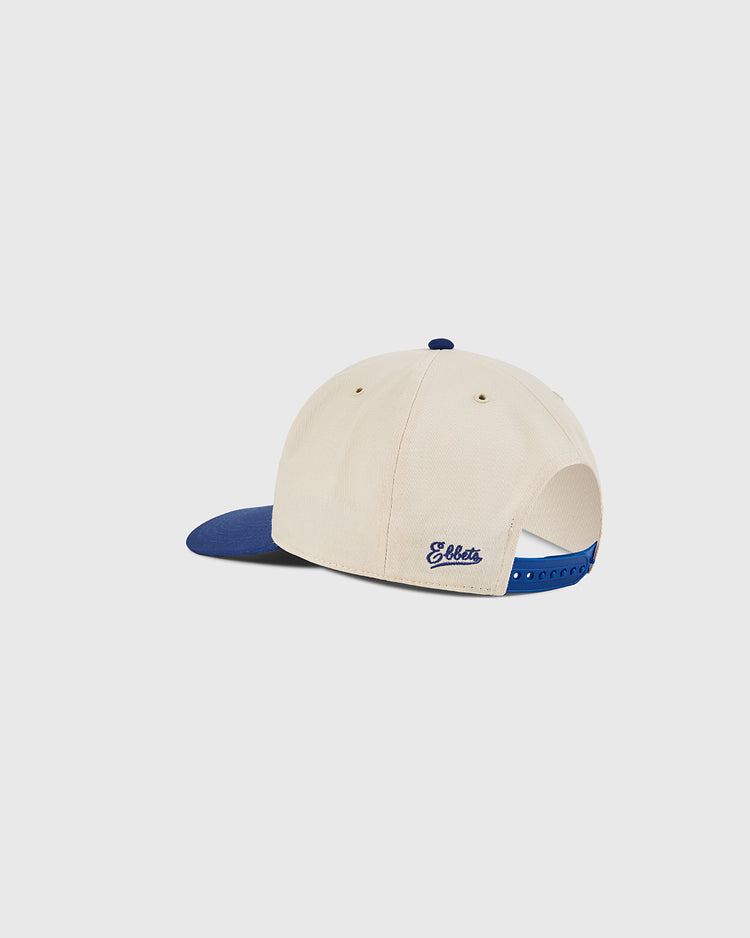 The Pennsylvania Stoners A-Frame Cotton Twill Ballcap by Ebbets Field features a beige crown, blue brim, adjustable blue snapback, and 