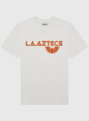 The Ebbets Field Los Angeles Aztecs Short Sleeve Graphic T-Shirt is white and features bold orange 