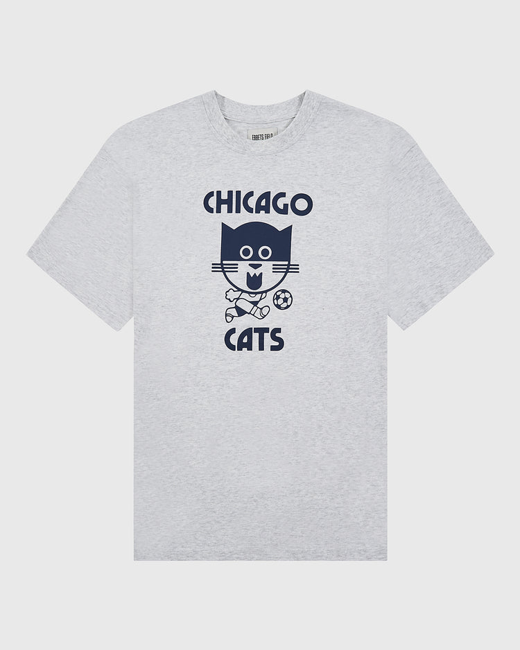 The Chicago Cats Short Sleeve Graphic T-Shirt by Ebbets Field features a heather gray vintage soccer design with a cartoon cat playing soccer and 