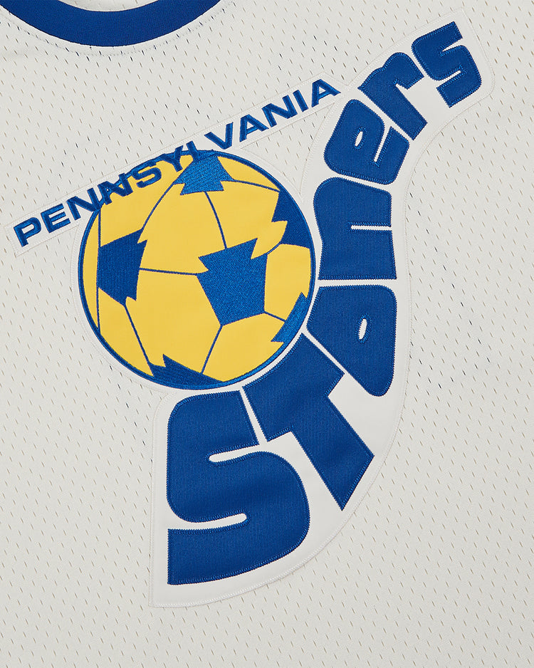 A close-up of the Ebbets Field Pennsylvania Stoners Mesh Soccer Jersey, featuring “PENNSYLVANIA” and “Stoners” in blue beside a yellow-and-blue soccer ball graphic, honoring the iconic ASL champions.