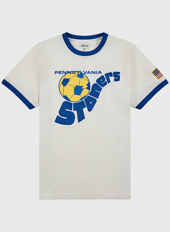 The Ebbets Field Pennsylvania Stoners Mesh Soccer Jersey is a white mesh top with blue trim, decorated with a yellow and blue soccer ball graphic, team text, an American flag patch, and classic ASL champion details.