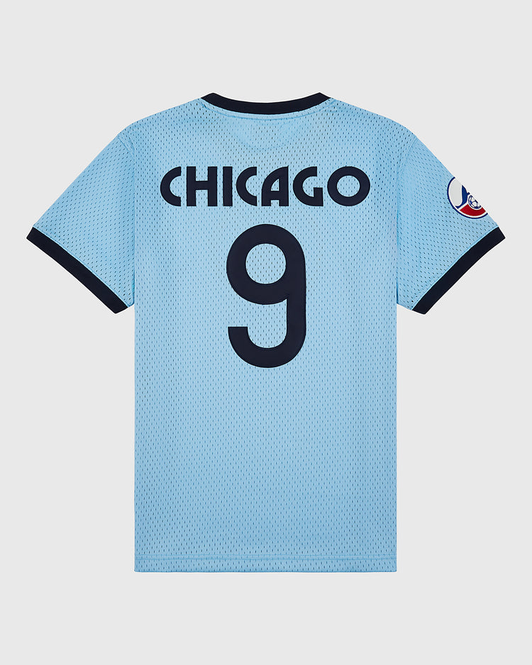 The Ebbets Field Chicago Cats Mesh Soccer Jersey features light blue mesh, black collar and sleeve trim, 