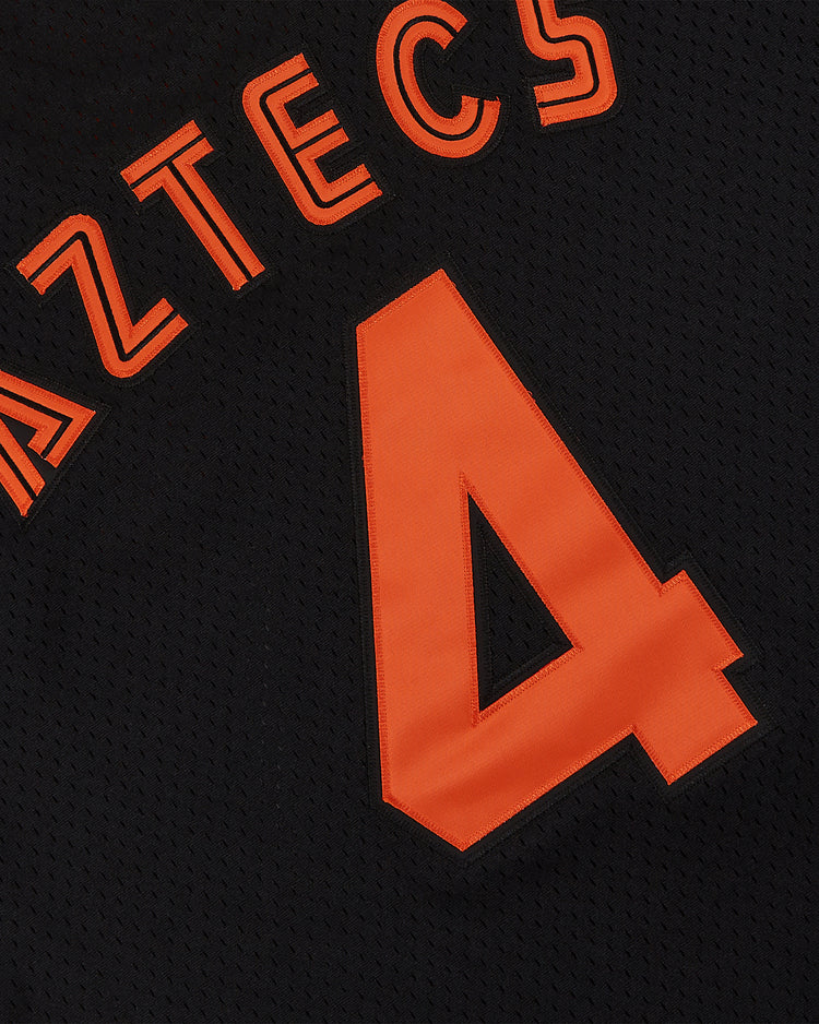 Close-up of an Ebbets Field Los Angeles Aztecs Mesh Soccer Jersey featuring bold orange 