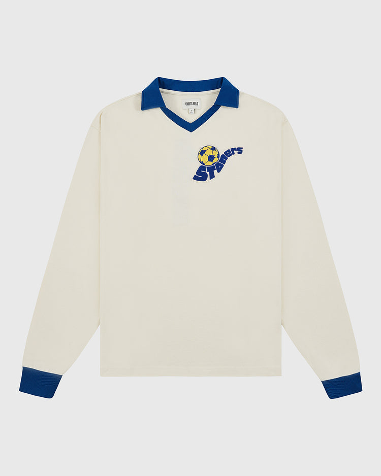 The Ebbets Field Pennsylvania Stoner Vintage Soccer Goalie Jersey is a cream-colored long sleeve jersey with blue collar and cuffs, and a yellow-blue soccer ball with 