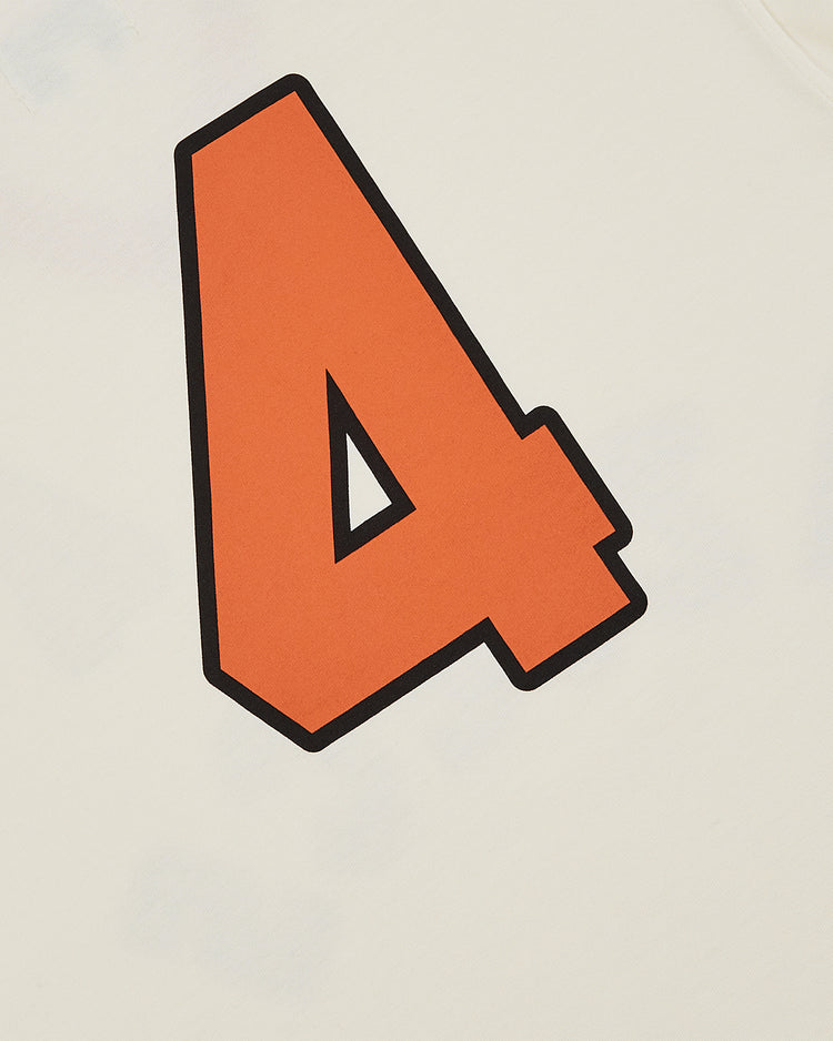 The Los Angeles Aztecs Vintage Collar Soccer Jersey by Ebbets Field features a bold, vintage-inspired orange number 4 with a black outline, printed on a clean white background.
