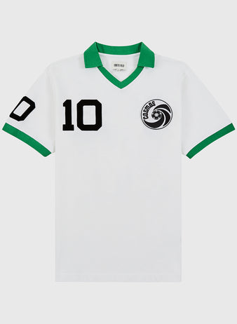 The Ebbets Field New York Cosmos Vintage Collar Soccer Jersey features white cotton, green collar and sleeve trim, black number 10 on front and left sleeve, plus a black-and-white Cosmos logo—a true Pelé tribute.