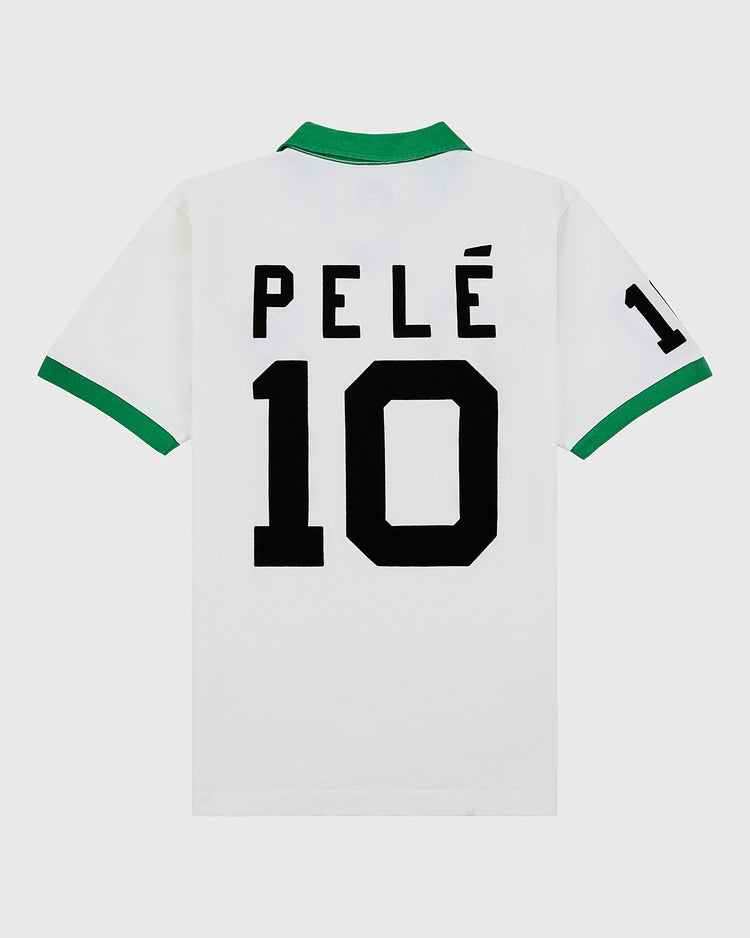 The Ebbets Field New York Cosmos Vintage Collar Soccer Jersey is a white cotton shirt with green collar and cuffs, featuring PELÉ and number 10 in black on the back, plus number 10 on the left sleeve.