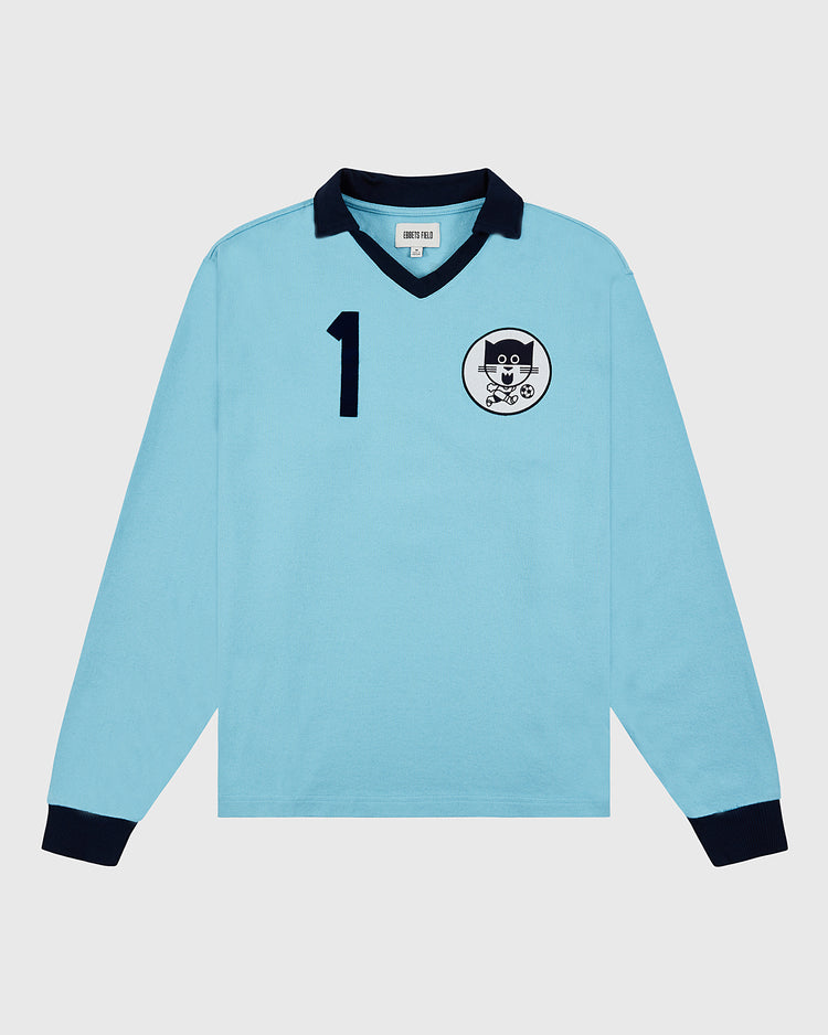 The Ebbets Field Chicago Cats Vintage Soccer Goalie Jersey features a light blue body, dark blue collar and cuffs, a large number 1 on the left chest, and a cartoon cat logo in a white circle.