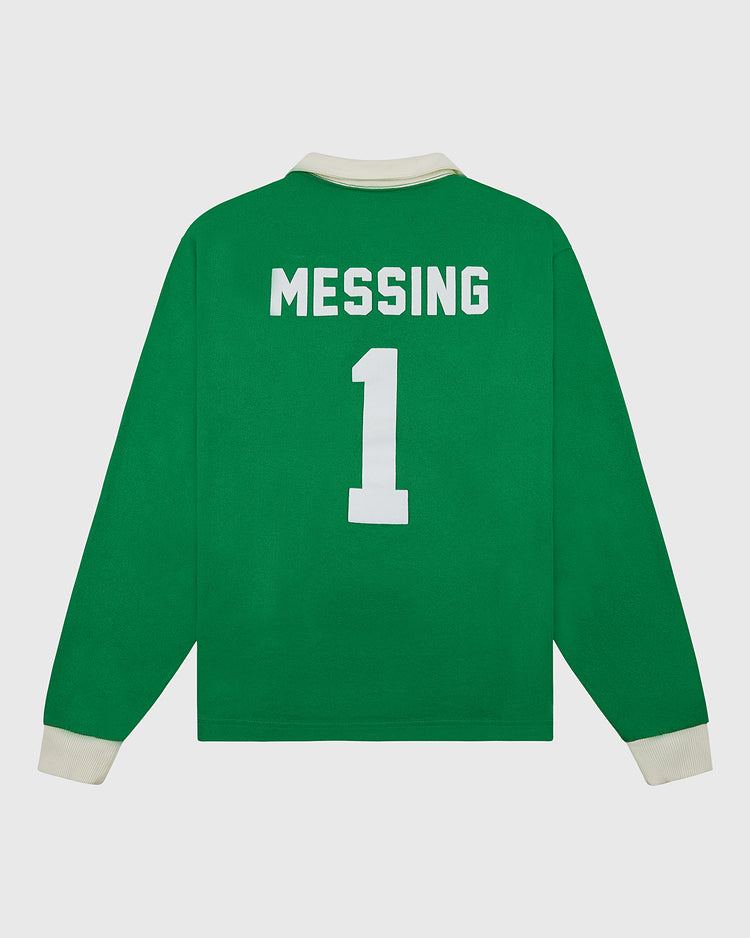 The Ebbets Field New York Cosmos Vintage Soccer Goalie Jersey is a green, long-sleeve shirt with white cuffs, featuring 