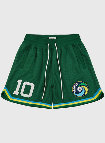 Ebbets Field New York Cosmos Mesh Soccer Shorts feature green mesh, a white drawstring, “10” on the left leg, and a Cosmos globe patch on the right. Yellow and blue hem stripes honor Pelé’s legendary style.