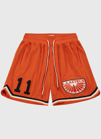 Ebbets Field Los Angeles Aztecs Mesh Soccer Shorts feature bright orange mesh, an elastic waistband, white drawstrings, black 