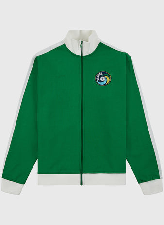 The Ebbets Field New York Cosmos Soccer Warm Up Jacket is green with white cuffs, collar, and shoulder stripes. It has a front zipper and a left chest patch featuring a soccer ball and “Cosmos,” inspired by Pelé’s legendary era.