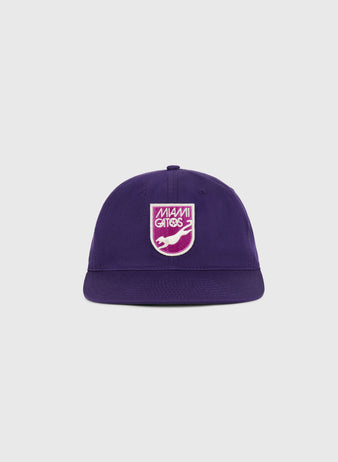The Ebbets Field Miami Gatos Cotton Twill Ballcap is a purple hat featuring a pink and white 