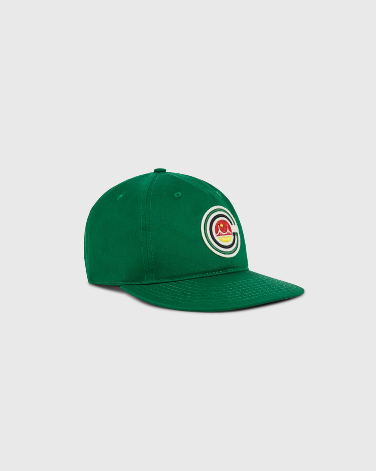 The Ebbets Field San Francisco Golden Gate Gales Cotton Twill Ballcap in green features a vibrant circular patch with red, yellow, and white accents on the front, shown against a light gray background.