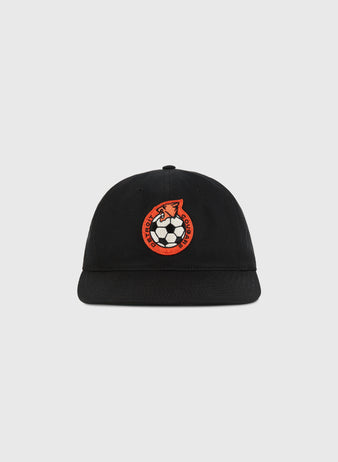 The Ebbets Field Detroit Cougars Cotton Twill Ballcap features a circular patch with an orange fox holding a soccer ball, inspired by classic NASL style, on black cotton twill with a plain light gray background.