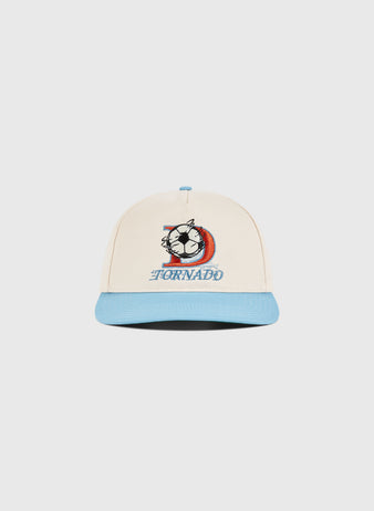 The Ebbets Field Dallas Tornados A-Frame Cotton Twill Ballcap features a beige and light blue retro design with an embroidered cartoon cat in a swirl and TORNADO below—ideal for Dallas Tornados snapback fans.