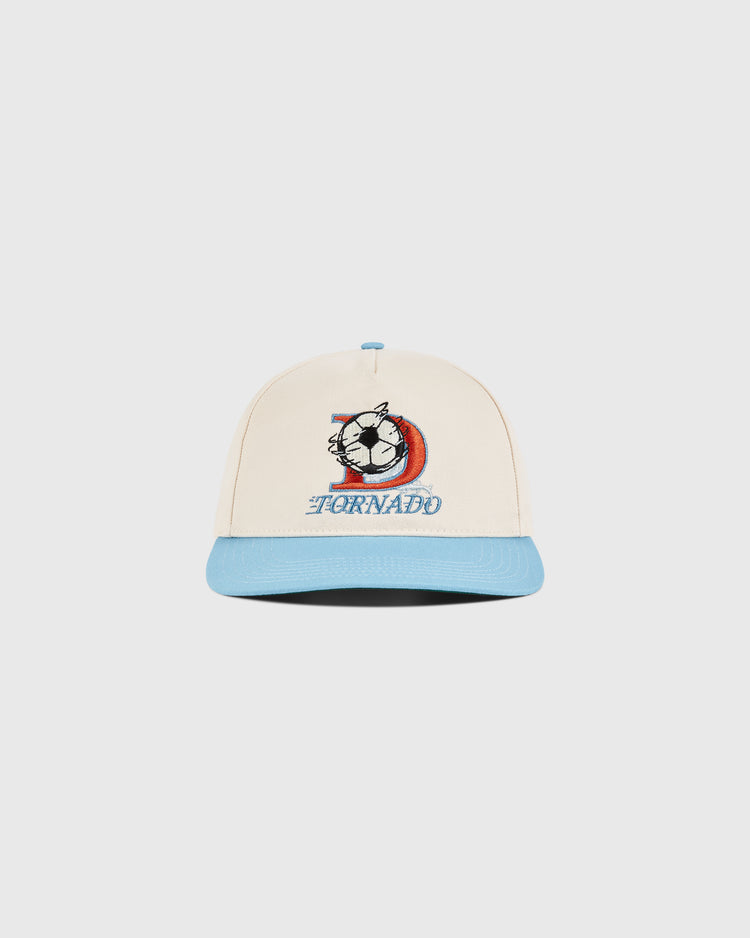 The Ebbets Field Dallas Tornados A-Frame Cotton Twill Ballcap features a beige and light blue retro design with an embroidered cartoon cat in a swirl and TORNADO below—ideal for Dallas Tornados snapback fans.