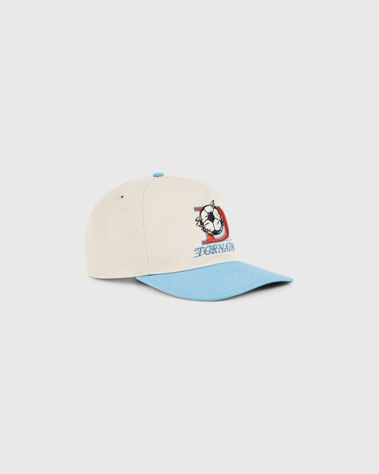 The Ebbets Field Dallas Tornados A-Frame Cotton Twill Ballcap features a beige retro design with a light blue brim, embroidered cartoon cat, and 