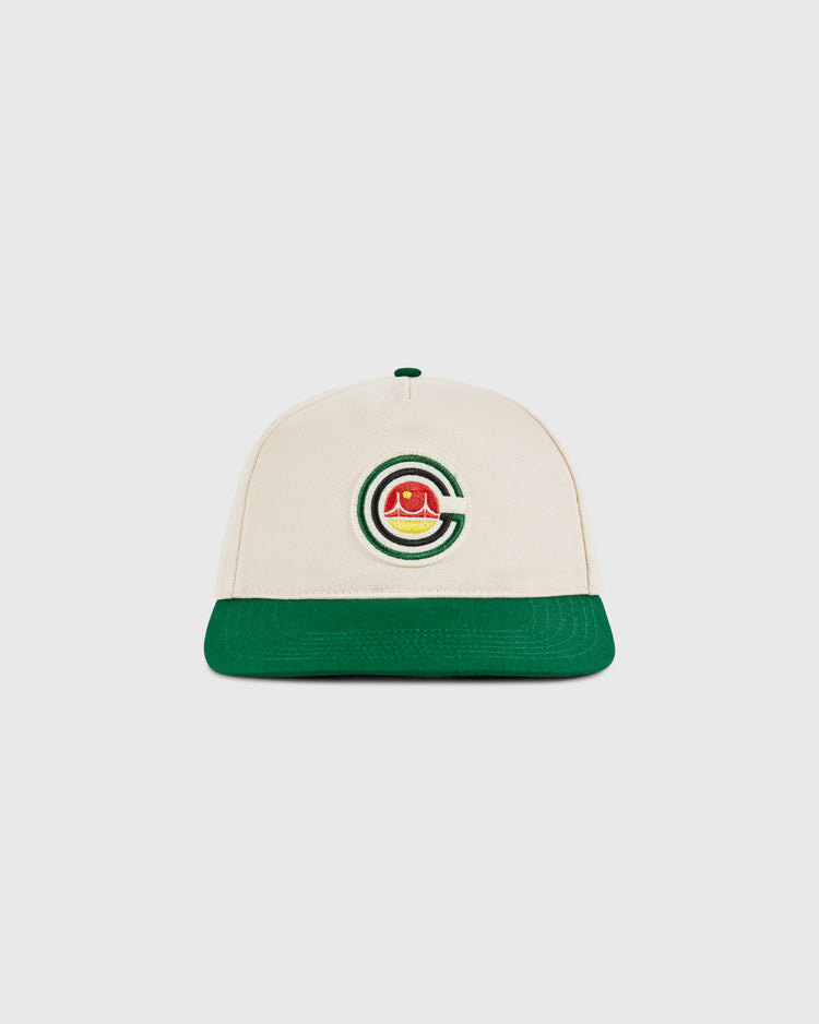 The Ebbets Field San Francisco Golden Gate Gales A-Frame Cotton Twill Ballcap features a cream structure, green brim, and embroidered 