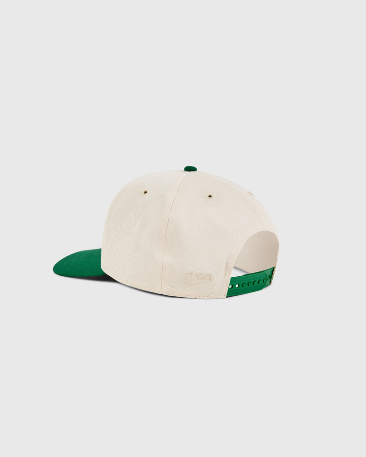 The Ebbets Field San Francisco Golden Gate Gales A-Frame Cotton Twill Ballcap is a cream hat with a green brim and adjustable green snapback closure, shown from the back on a plain white background.