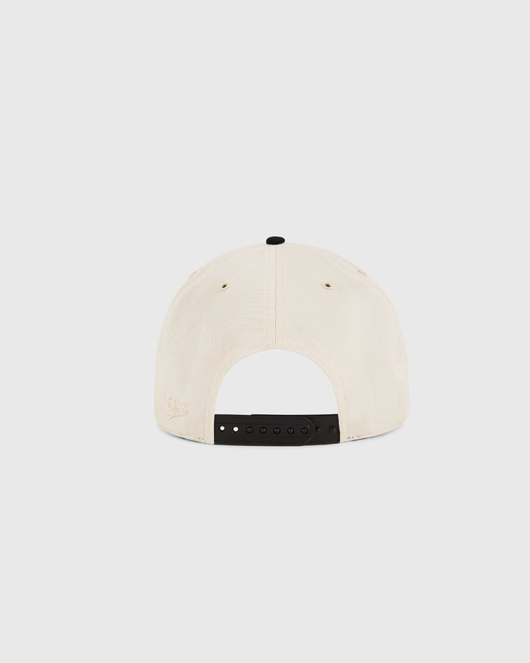 The Ebbets Field Detroit Cougars A-Frame Cotton Twill Ballcap is shown from the back, highlighting its black adjustable strap and top button on a plain white background.
