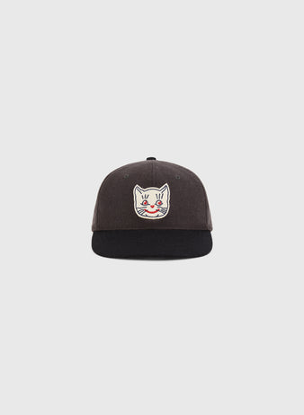 The Ebbets Field Kansas City Katz 1961 Wool Ballcap - Youth Size features a dark crown, black brim, and an embroidered white cat face with red and yellow details on the front, displayed against a plain light background.