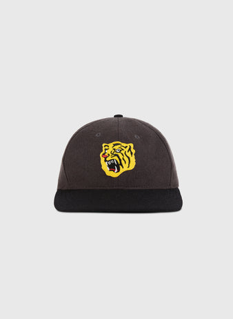 The Ebbets Field Osaka Tigers 1940 Wool Ballcap is a dark gray cap with a black brim and an embroidered yellow and black roaring tiger head on the front, shown against a plain light background.