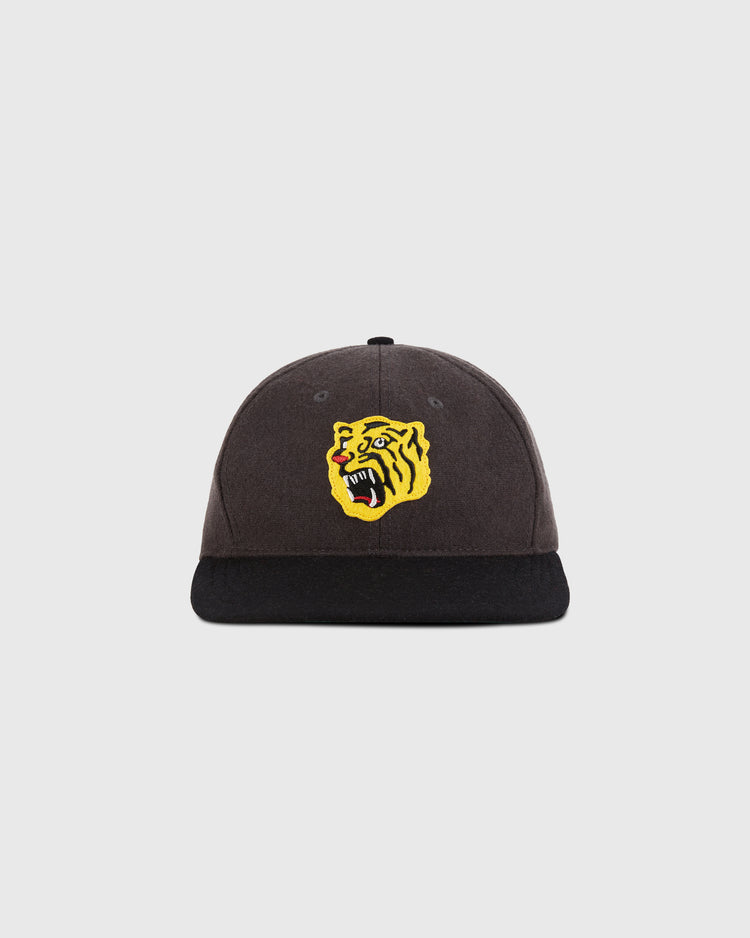 The Ebbets Field Osaka Tigers 1940 Wool Ballcap is a dark gray cap with a black brim and an embroidered yellow and black roaring tiger head on the front, shown against a plain light background.