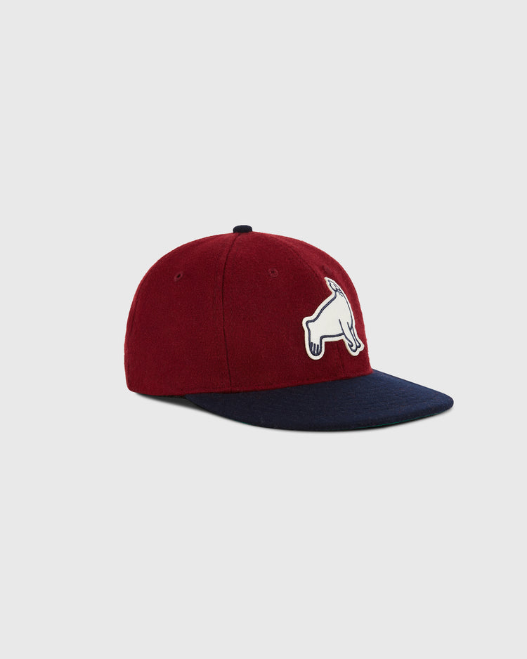 The Ebbets Field San Francisco Seals 1940 Wool Ballcap features a red crown, navy blue brim, and a white dog patch on the front, inspired by vintage Seals style and shown on a plain light gray background.