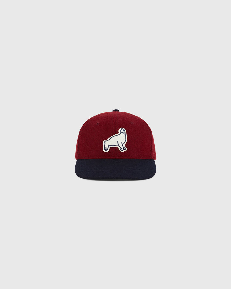 The Ebbets Field San Francisco Seals 1940 Wool Ballcap for youth features a maroon crown, black brim, and a white embroidered gorilla outline on the front, shown against a plain light gray background.