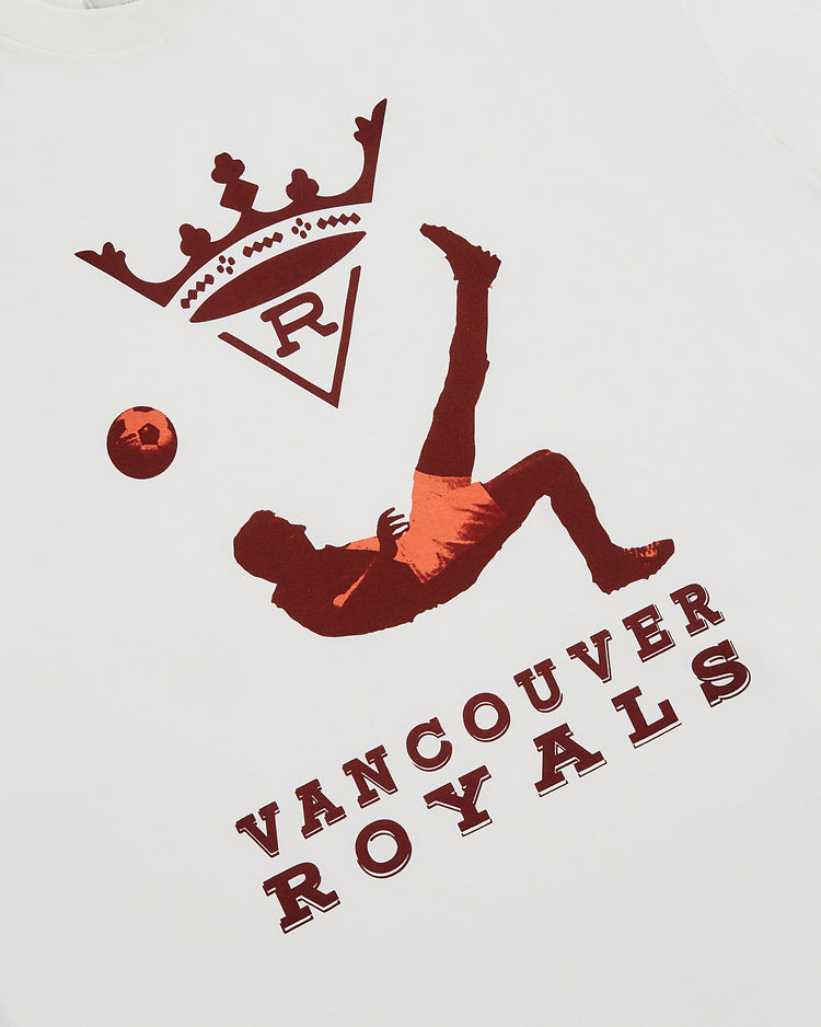 A graphic of a soccer player performing a bicycle kick beside a crowned R logo with 