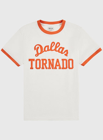 The Ebbets Field Dallas Tornado Mesh Soccer Jersey is a white mesh shirt with orange trim and bold orange lettering, inspired by the classic NASL championship-era Dallas Tornados design.
